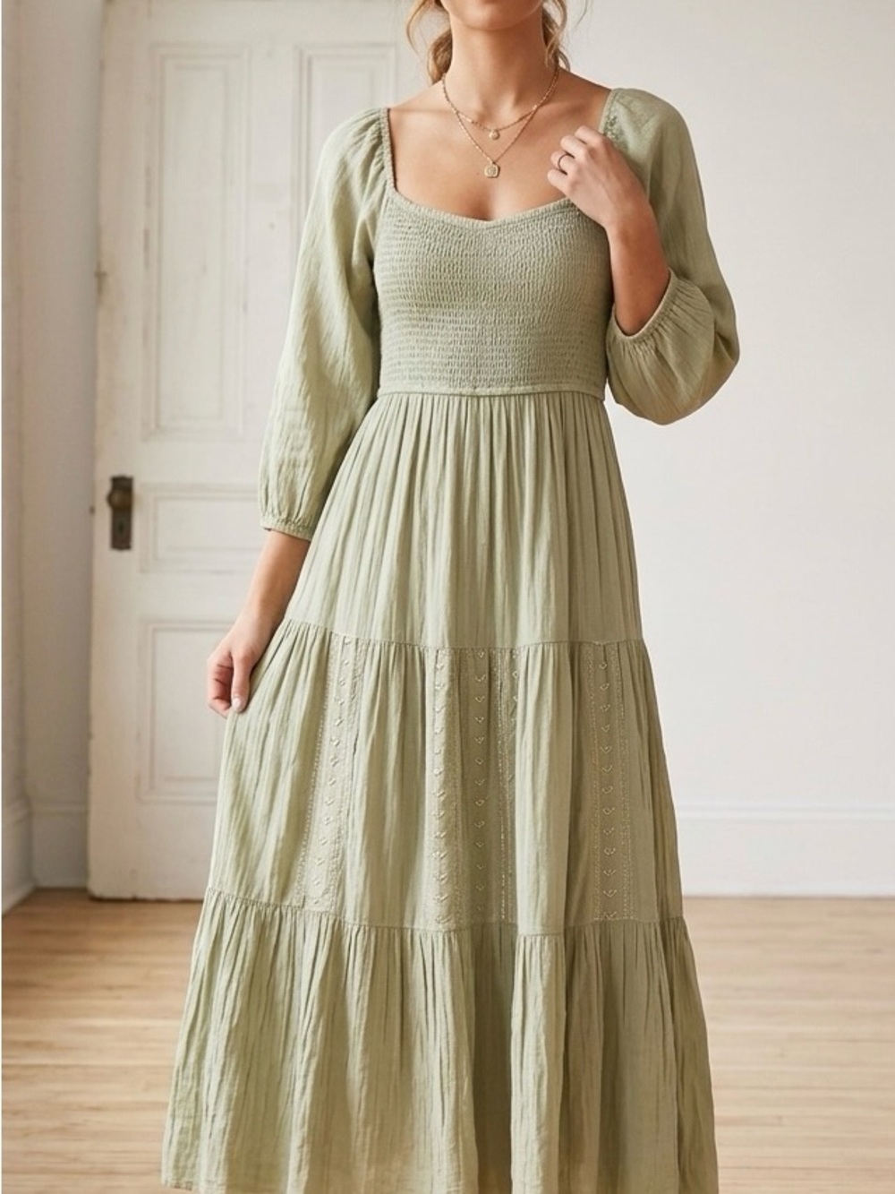 NWT Young Threads Sage Green Smocked Midi Dress Boho